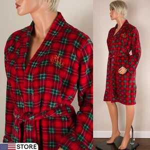 💖 Vintage LAUREN RALPH LAUREN Red Plaid Plush Robe Fleece Belted Pocket Logo M - Picture 1 of 12