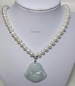 Grade A Jadeite pendant silver freshwater pearl 8-9mm necklace+earing L47 WHT - Picture 1 of 1