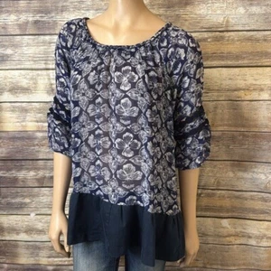 Lucky Brand Blouse S Small Mixed Print Sheer Floral Ruffle Bottom 3/4 Sleeve - Imagen 1 de 6