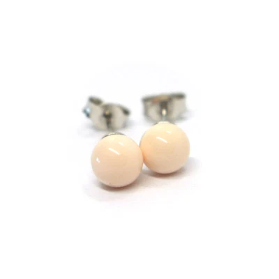18K WHITE GOLD 6mm BALLS SPHERES RECONSTRUCTED PINK CORAL BUTTON EARRINGS - Image 1 of 3