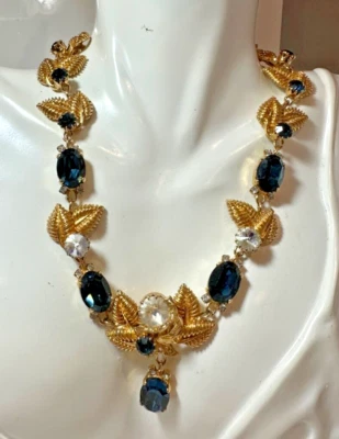 红地毯蓝色蓝宝石水钻花叶项圈 16 英寸项链礼品盒 DE6 — 第 1/4 张图片