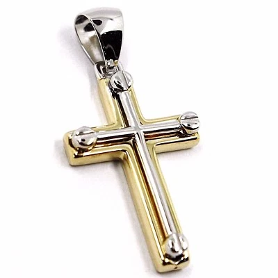 18K YELLOW WHITE GOLD SQUARE TUBE DOUBLE CROSS, 3 CM 1.2 INCHES MADE IN ITALY - Image 1 of 4