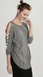 EUC - Express Gray Lace-up Cold Shoulder Sweater Knit Top Size XS Heather Gray - Picture 1 of 9