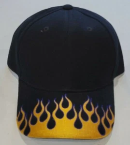 Black Cap & Yellow Flames Outlined In Blue, Men's Cap - Hat, NEW - Picture 1 of 2