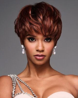 Short Wave Pixie Cut Copper Red Human Hair Wigs with Bangs None Lace Glueless  - Image 1 of 4