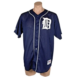 MLB Detroit Tigers Baseball Authentic Blue Jersey Majestic Shirt XL Mesh Button - Picture 1 of 7