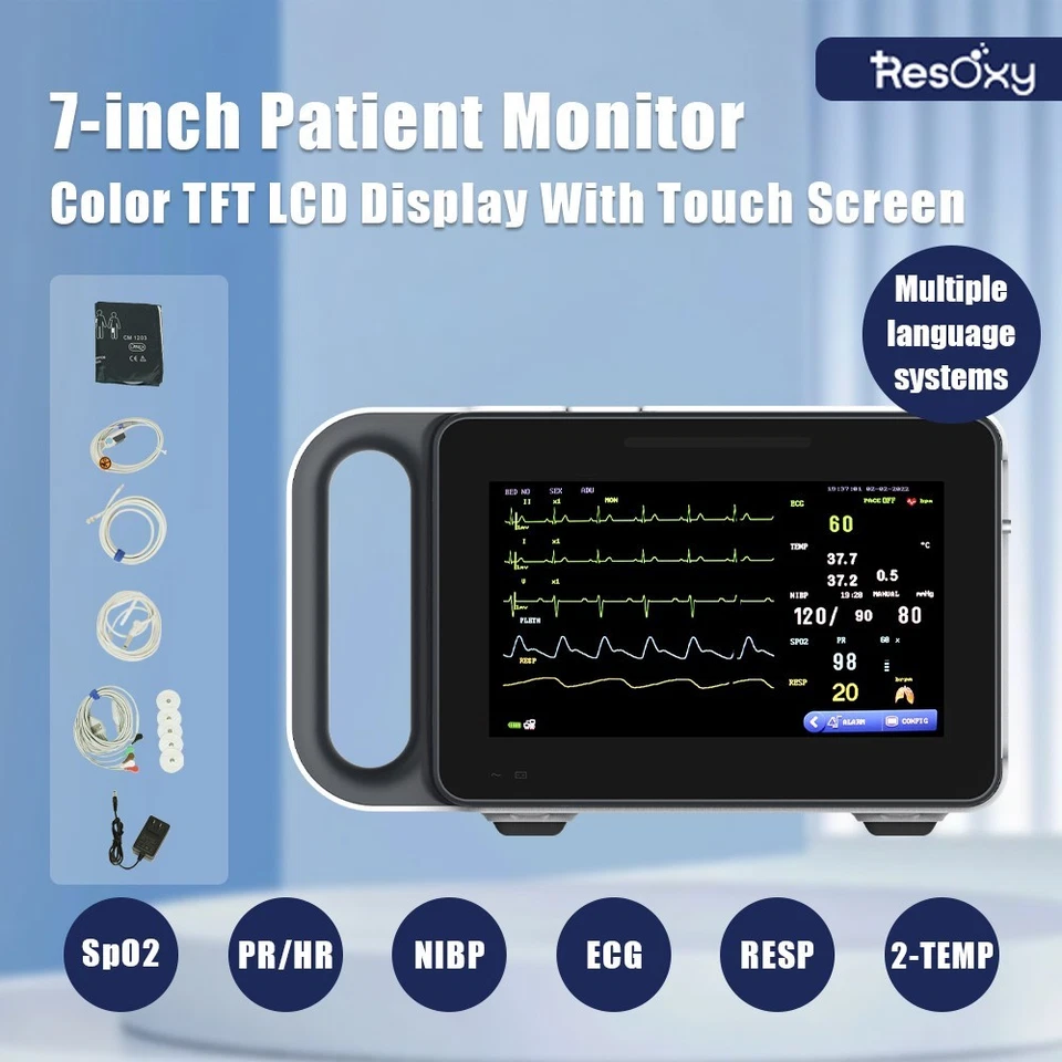 Portable Patient Vital Signs Monitor 7 inch screen ECG/NIBP/TEMP/RESP/SPO2/PR - Image 1 of 4