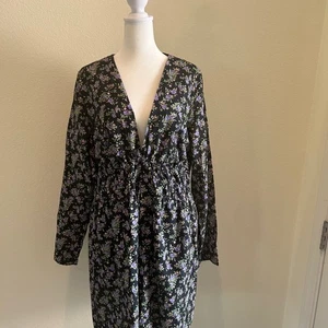 Zara Dress Womens Black Purple Floral Mini Long Sleeve Deep V Cotton Cottage XXL - Picture 1 of 7