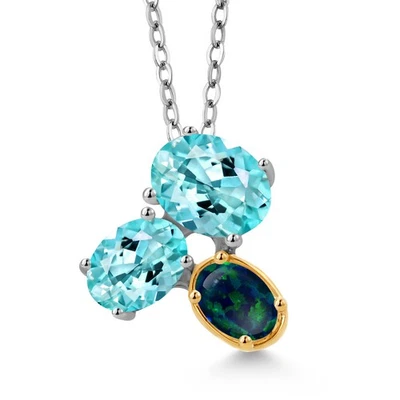 Collar colgante de plata 925 y oro amarillo de 10 quilates apatita azul y ópalo verde para Foto 1 de 4