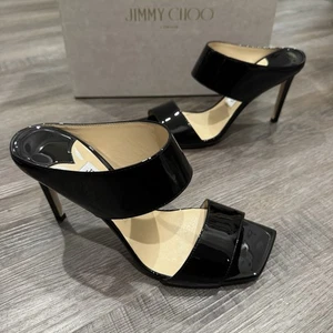 Jimmy Choo Hira 85 mm schwarz weiches Lackleder Pantoletten Absatz Sandalen Größe 9 - Bild 1 von 11