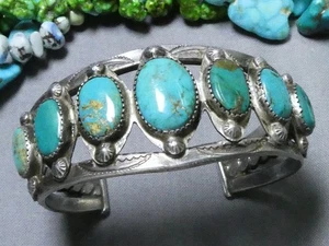 Fred Harvey Era NAVAJO Natural BLUE GEM TURQUOISE Coin Silver 63g Cuff Bracelet - Picture 1 of 12