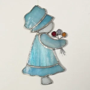 Girl in Blue Bonnet Stained Glass Window Sun Catcher Ornament 5.5" Tall Flowers - Picture 1 of 12