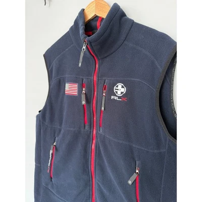 Ralph Lauren RLX Hombres Chaleco Polar Azul Marino Bandera Americana Logo Bolsillos con Cremallera Foto 1 de 4