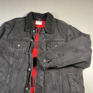 Old Navy Jacket Mens 2XL Black Sherpa-Lined Denim Trucker Buffalo Plaid Lining - Picture 1 of 8