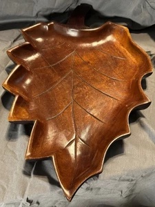 Vintage Genuine Mahogany Leaf Tray Handmade in Haiti Carved Bowl Tray Craft - Picture 1 of 2