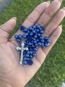 Blue Pearl Beads With Roses Rosary Necklace Lourdes Center Jerusalem Crucifix - Picture 1 of 7