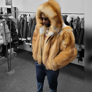 Mens Real Full Pelt Silver Fox Fur Hood Bomber Jacket Genuine Red Fox Fur Jacket - Picture 1 of 8