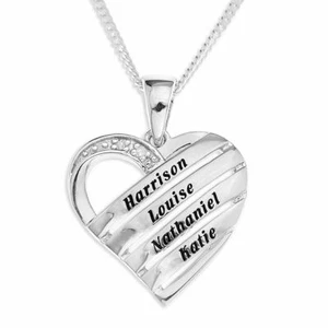 Personalisierter 925 Silber Herz Anhänger Andenken Geschenk alle 4 Namen 18" Kette + Box - Bild 1 von 5