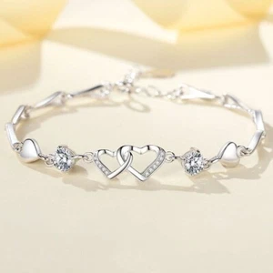 925 Sterling Silver Crystal Double Heart Linked Charm Bracelet Women Jewellery - Picture 1 of 5