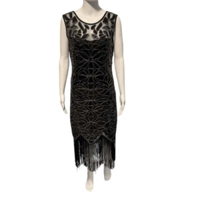 Vestido estilo aleta M negro con flecos lentejuelas cuentas transparente años 20 Gatsby cóctel Foto 1 de 4