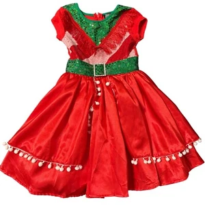 Jojos Closet Red & Green Holiday Dress With Pom Pom Trim Girls 4/5 (XS) - Picture 1 of 3