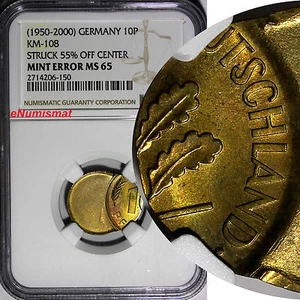 Germany-Federal  (1950-2000)10 Pfennig NGC MINT ERROR MS65 SCARCE KM 108 (150) - Picture 1 of 4