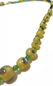 VTG CZECH Art Deco Yellow Rainbow Foil PEACOCK EYE Glass NECKLACE RARE - Picture 1 of 8
