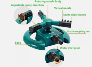 WISDOMWELL Garden Sprinkler Automatic Lawn Water Sprinkler 360 Degree 3 Arm - Picture 1 of 8