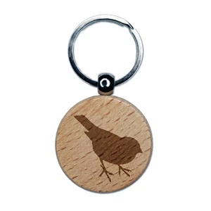 Sparrow Bird Solid Engraved Wood Round Keychain Tag Charm - Picture 1 of 6