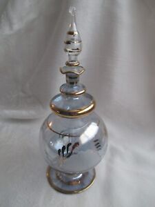 Egyptian Glass PERFUME BOTTLE w/ Stopper~Iridescent Blown Glass~Etched Design~8"
