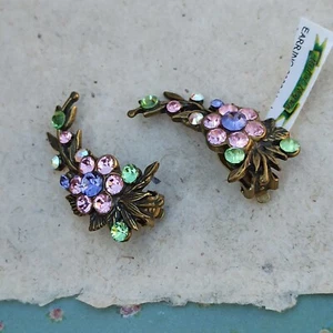 Michal Negrin Clip Earrings Pink Flowers Leaves With Swarovski Crystals Gift New - Picture 1 of 15