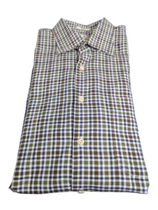 Peter Millar Button Front Shirt Olive Green Blue Check Plaid Mens Large - Picture 1 of 8