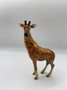 Enameled with Rhinestone Jewels Standing Brown Giraffe Hinged Trinket Ring Box - Picture 1 of 10