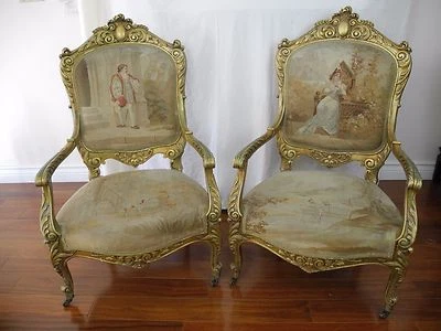 Antique French Hand Made Abousson Tapestry Gild Carved Gold Wood Chairs - Image 1 of 4