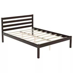 Full Wood Platform Bed Frame Headboard Slat Support Mattress Foundation - Picture 1 of 10