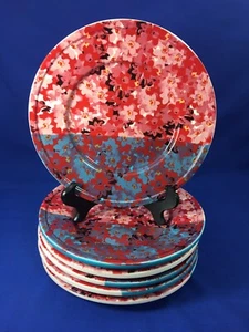 Anthropologie STREAKED SUNLIGHT Red & Blue Floral Salad DESSERT PLATES Set of 6 - Picture 1 of 8