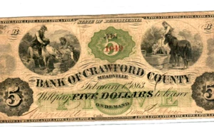 $5 "BANK OF CRAWFORD COUNTY" (PENNSYLVANIA) 1800'S $5 "CRAWFORD COUNTY" NICE!!!! - Picture 1 of 3