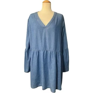 Lane Bryant Denim V Neck Peplum Bell Sleeve Blouse Blue 22/24 - Picture 1 of 3