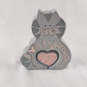 Wooden Chunky Grey Cat Heart Tummy Cutout "Y is for Yarn" Crochet - Picture 1 of 9