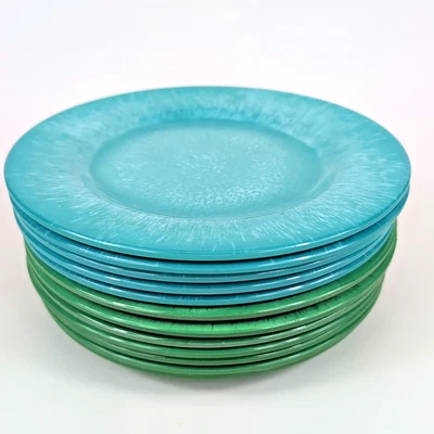 SET TWELVE 12 Capri Melamine PIER 1 One Aqua Teal Green Crackle 9" Lunch Plates - Image 1 of 4
