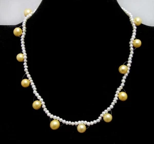 5-6mm Round Natural White Pearl Necklace with 10mm Yellow Pearl 17'' Chokers - Picture 1 of 4