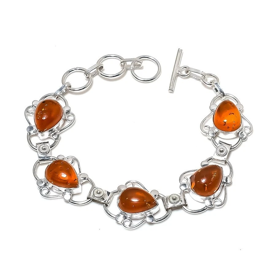 Baltic Amber Gemstone Handmade 925 Sterling Silver Jewelry Bracelet Size 7-8" - Image 1 of 1
