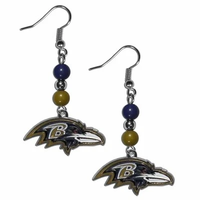 Baltimore Ravens Dangle Earrings Fan Beads w/ Charm NFL Football Jewelry - Image 1 of 3