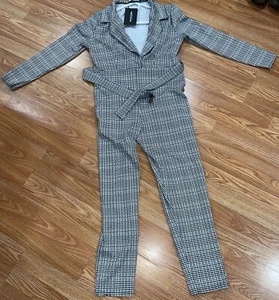 Pretty Little Thing Womens 14Black White Belted Shirt Jumpsuit 95/5 Poly. NWT - Picture 1 of 13