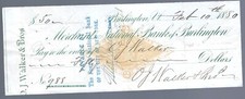 Bank Check RN-G1 Merchants National Bank, VT Burlington, 1880