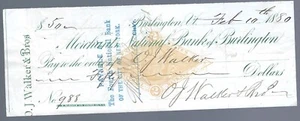 Cheque bancario RN-G1 Merchants National Bank, VT Burlington, 1880 - Imagen 1 de 2