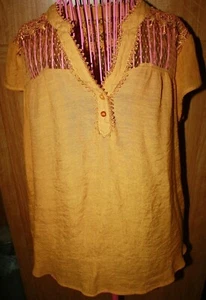 Perch By Blu Pepper Womens Blouse Orange Floral Lace Notch Neck Pleated 1XL GUC - Picture 1 of 6
