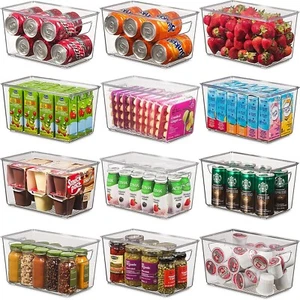 Food Bins Storage Organizer 12 pc Refrigerator Clear Lids Containers Plastic NEW - Picture 1 of 9