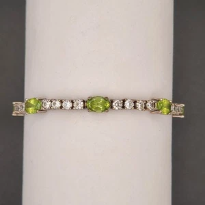 BR Sun Peridot & Cubic Zirconia Tennis Bracelet Signed August Birthstone 7 3/4" - Picture 1 of 11