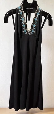 Bisou Bisou Michele Bohbot Black Floral Babydoll Halter Backless Dress Sz 8 USA - Image 1 of 4